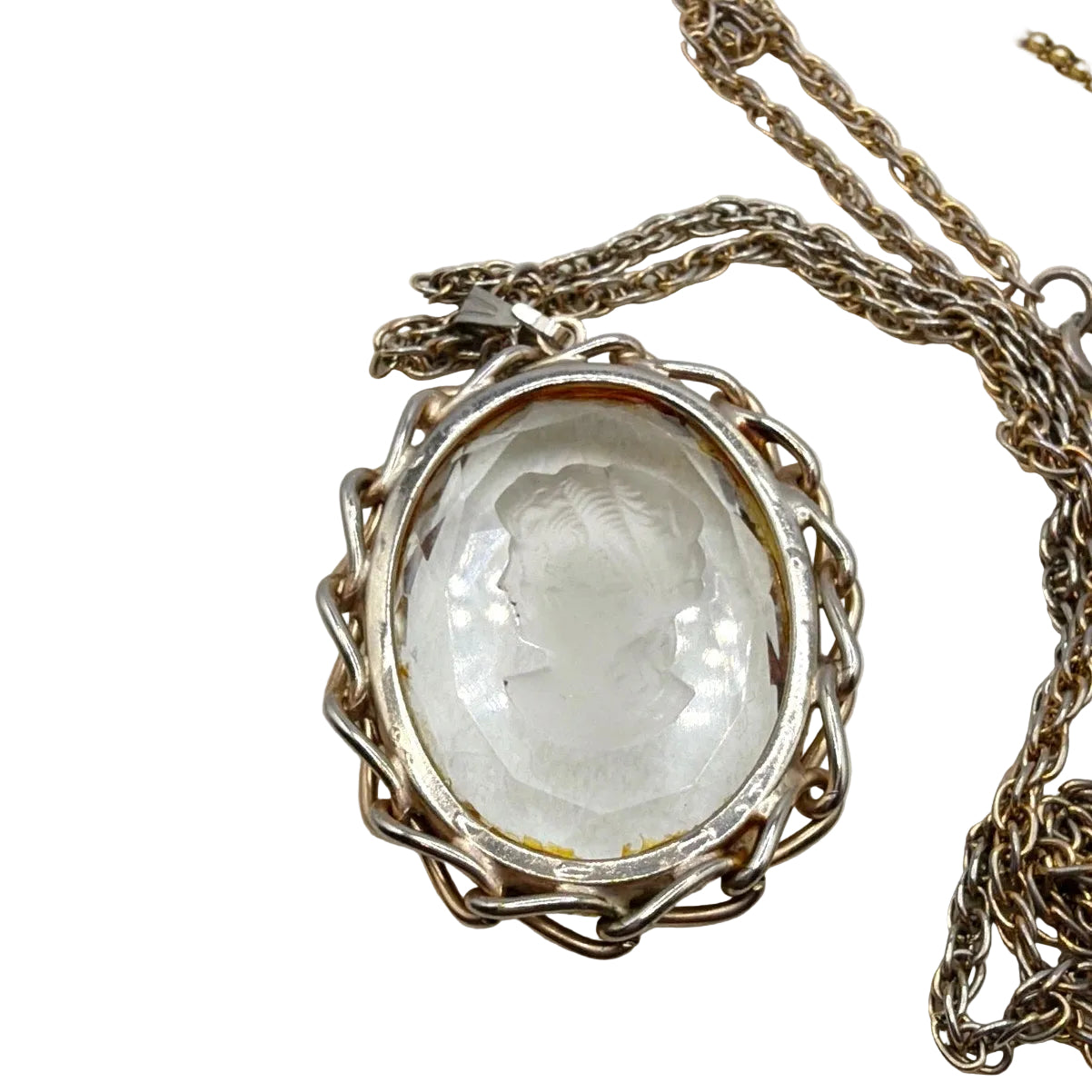 Vintage White Clear Intaglio Glass Cameo Pendant 2" On Large Necklace 22"