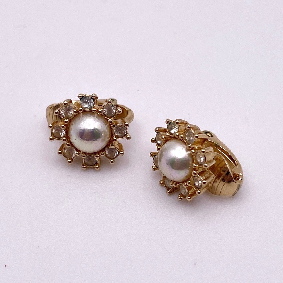 Christian Dior Vintage Small Clip On Earrings Gold Plated Flower Rhinestones