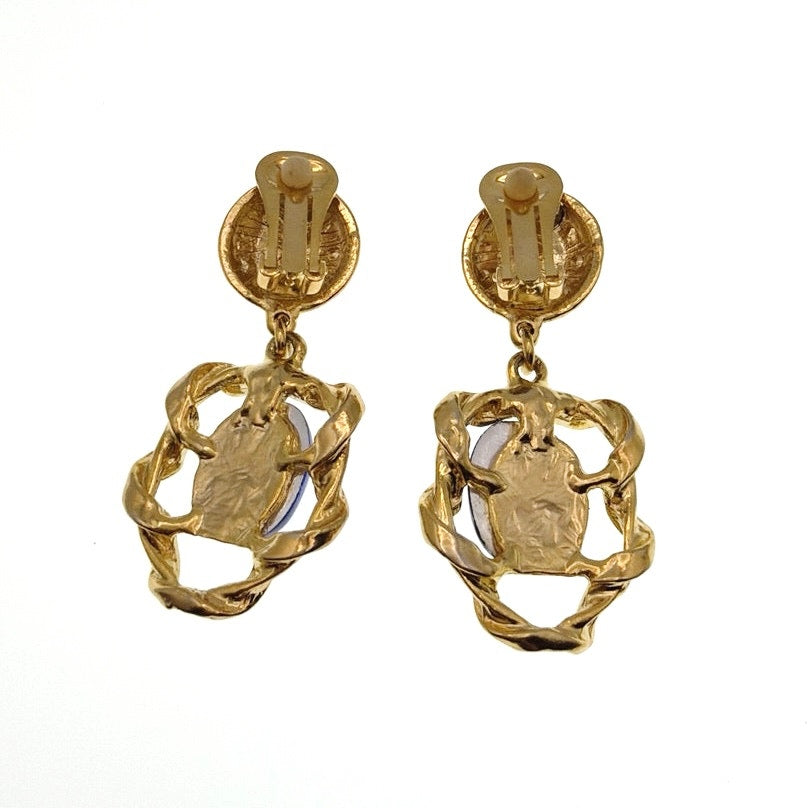 Vintage Gold Tone and Blue Glass Stone Clip On Earrings