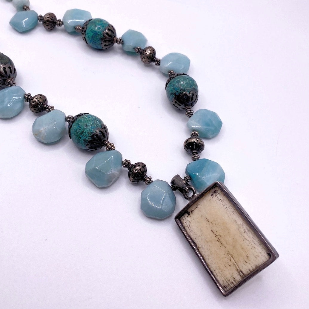 Sterling Silver and Gemstones Necklace, Amazonite, Turquoise and Bone Pendant