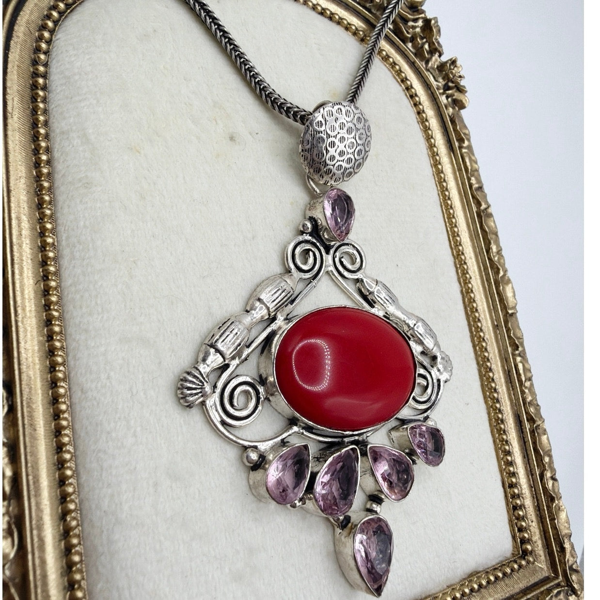 Sterling Silver Necklace 16" and Pendant 3" With Faux Coral and Amethyst Stones