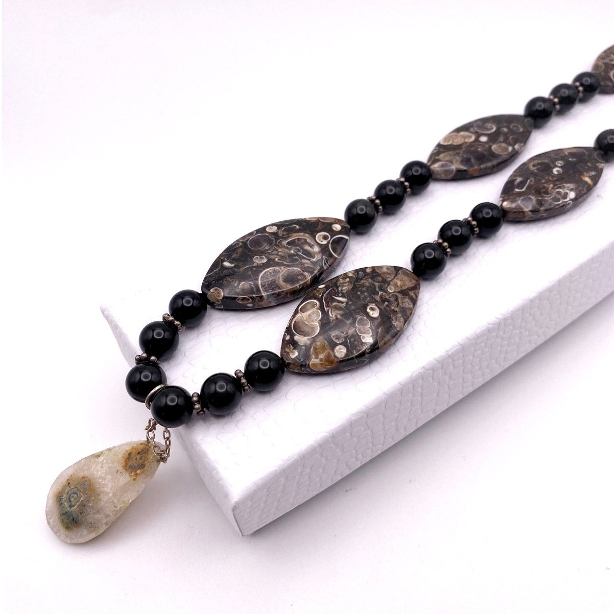 Turritella Fossil and Lace Onyx Beaded Necklace with Solar Quartz Pendant