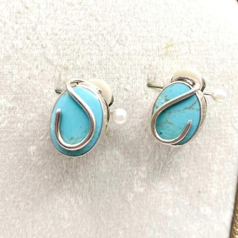 Vintage Turquoise And Sterling Silver Plated Clip On Earrings