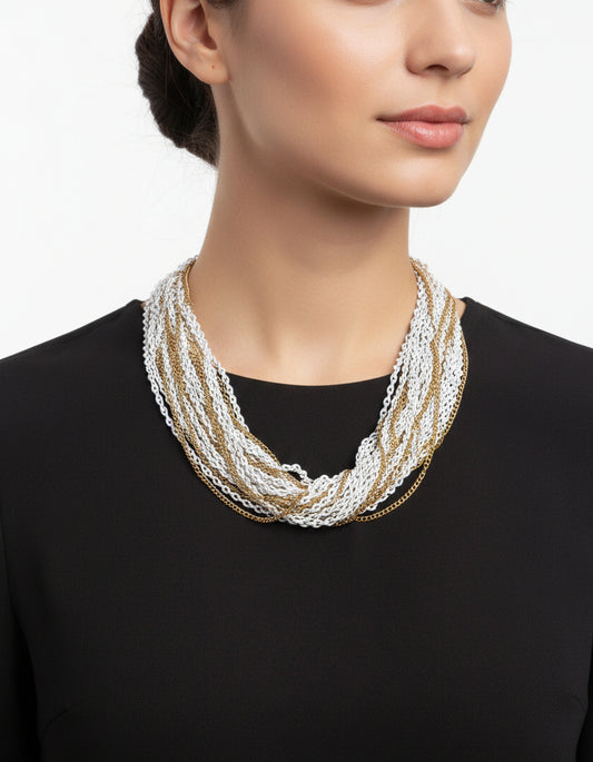 Trifari Vintage Multi chain Necklace White and Gold Tone 16”