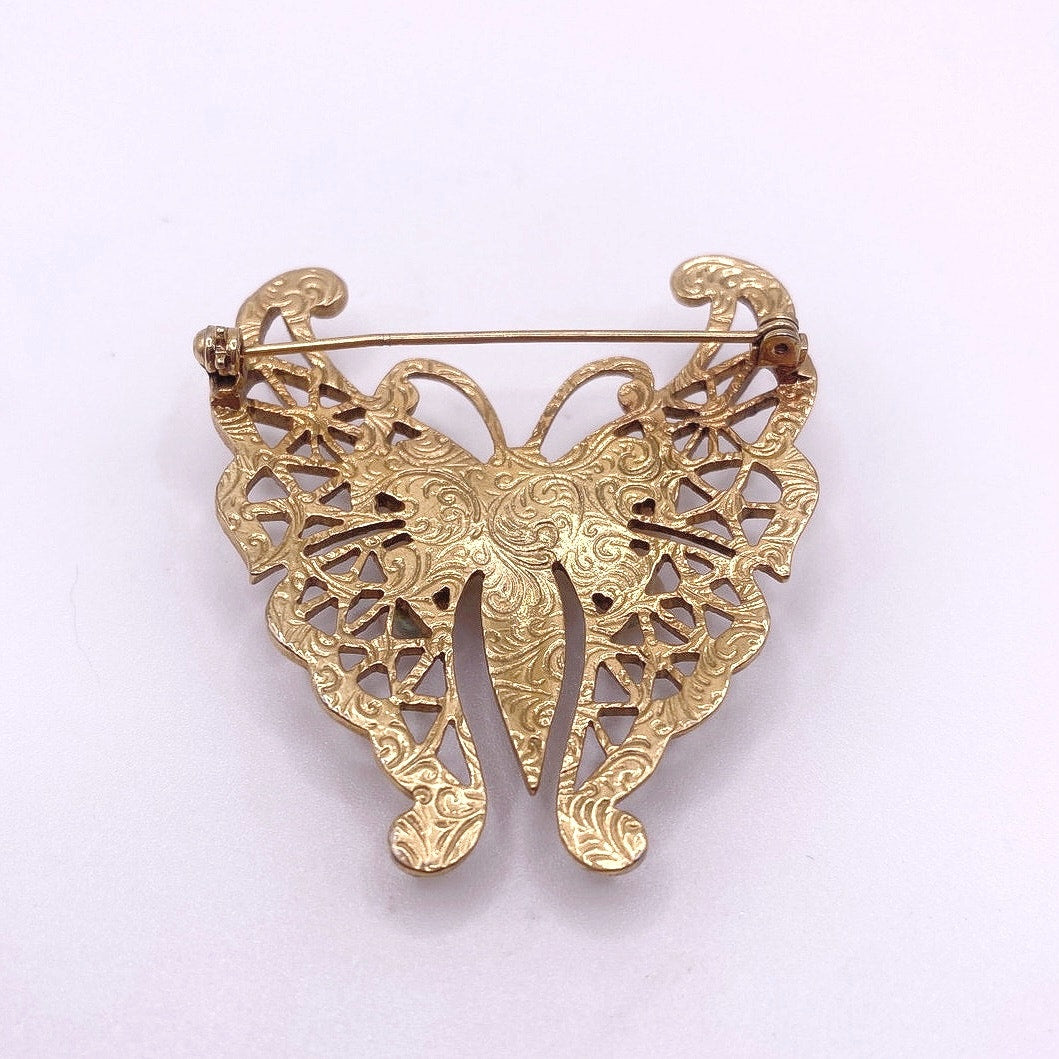 Vintage Gold Tone Butterfly with Ceramic Flowers