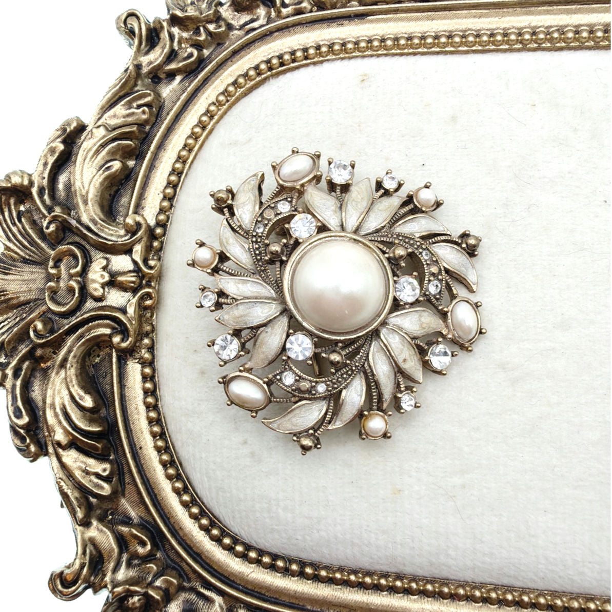 Monet Enamel and Faux Pearl Floral Brooch White and Cream 2”