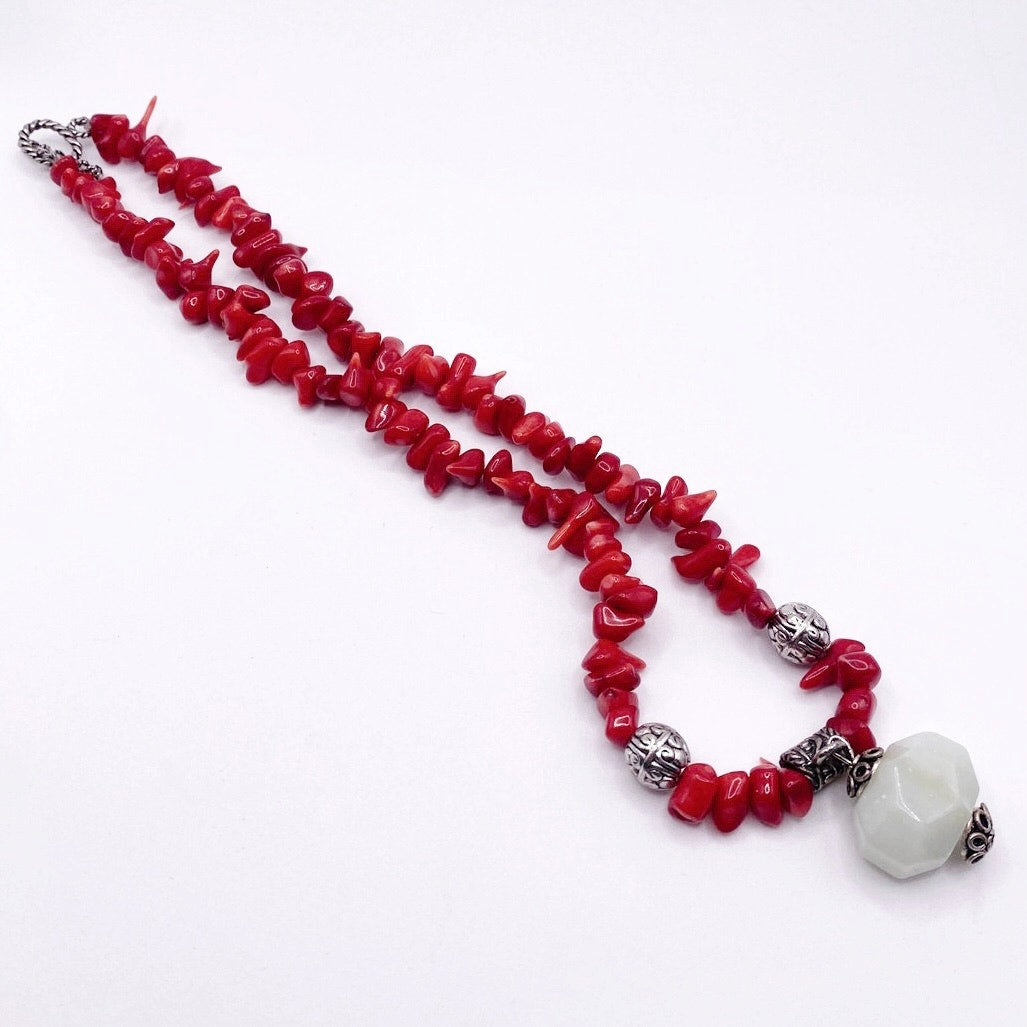 Red Coral Beaded Necklace with Green Lace Jade Pendant 16” Long