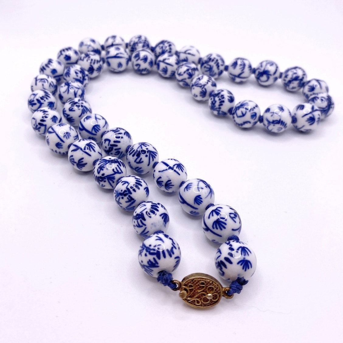 Vintage Chinese Necklace Hand Painted Blue and White Porcelain Beads 22”