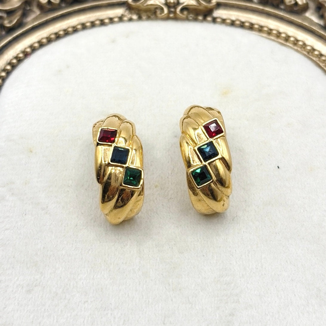 Gold Tone Retro Half Hoop Earrings and Colorful Rhinestones