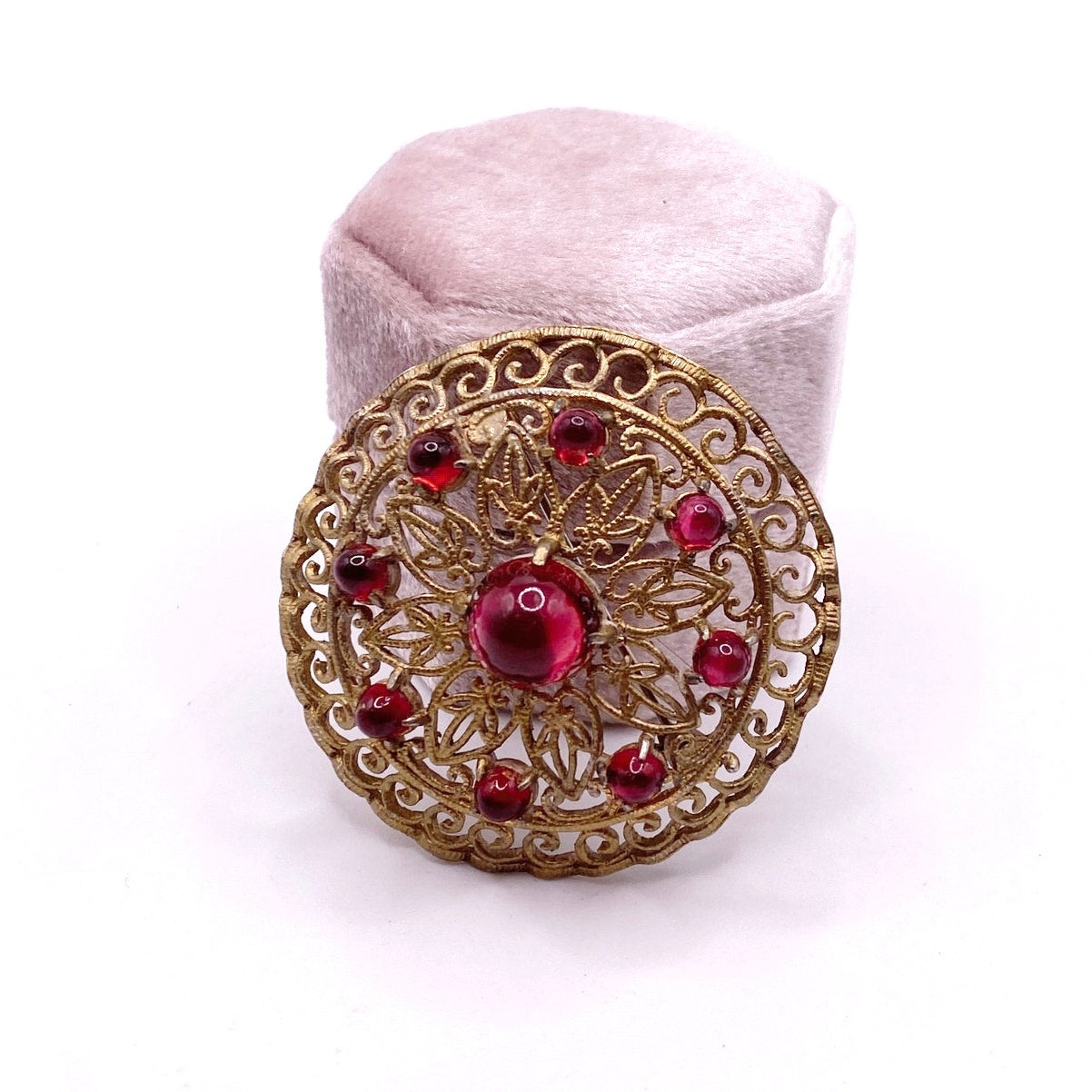 Vintage Filigree Gold Tone Brooch Molded Red Glass 2”