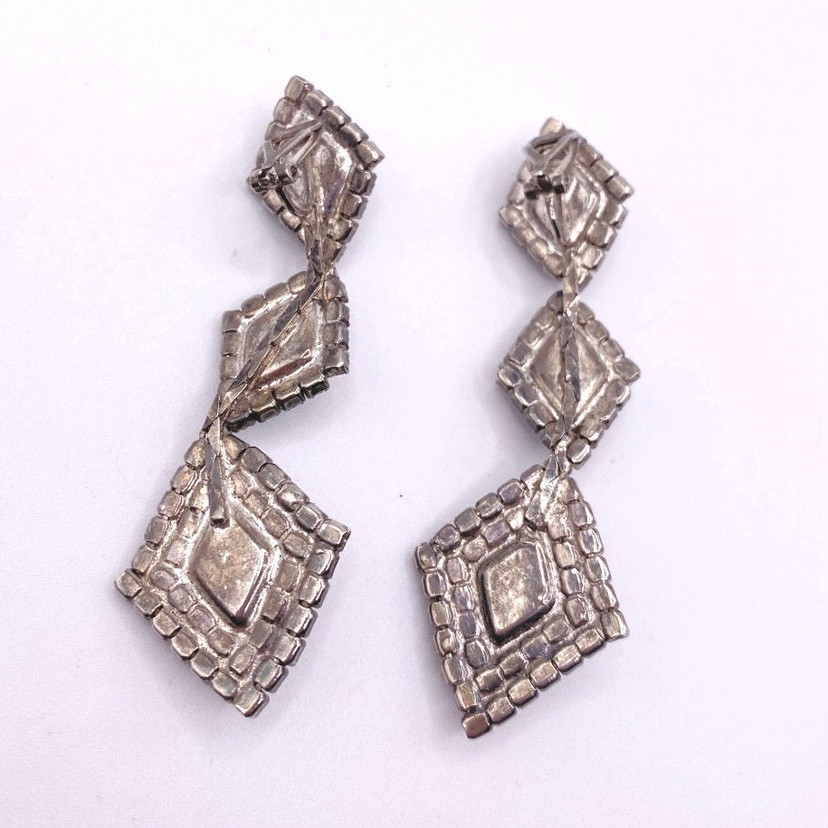 Vintage Black and White Rhinestones Clip on Earrings and Necklace