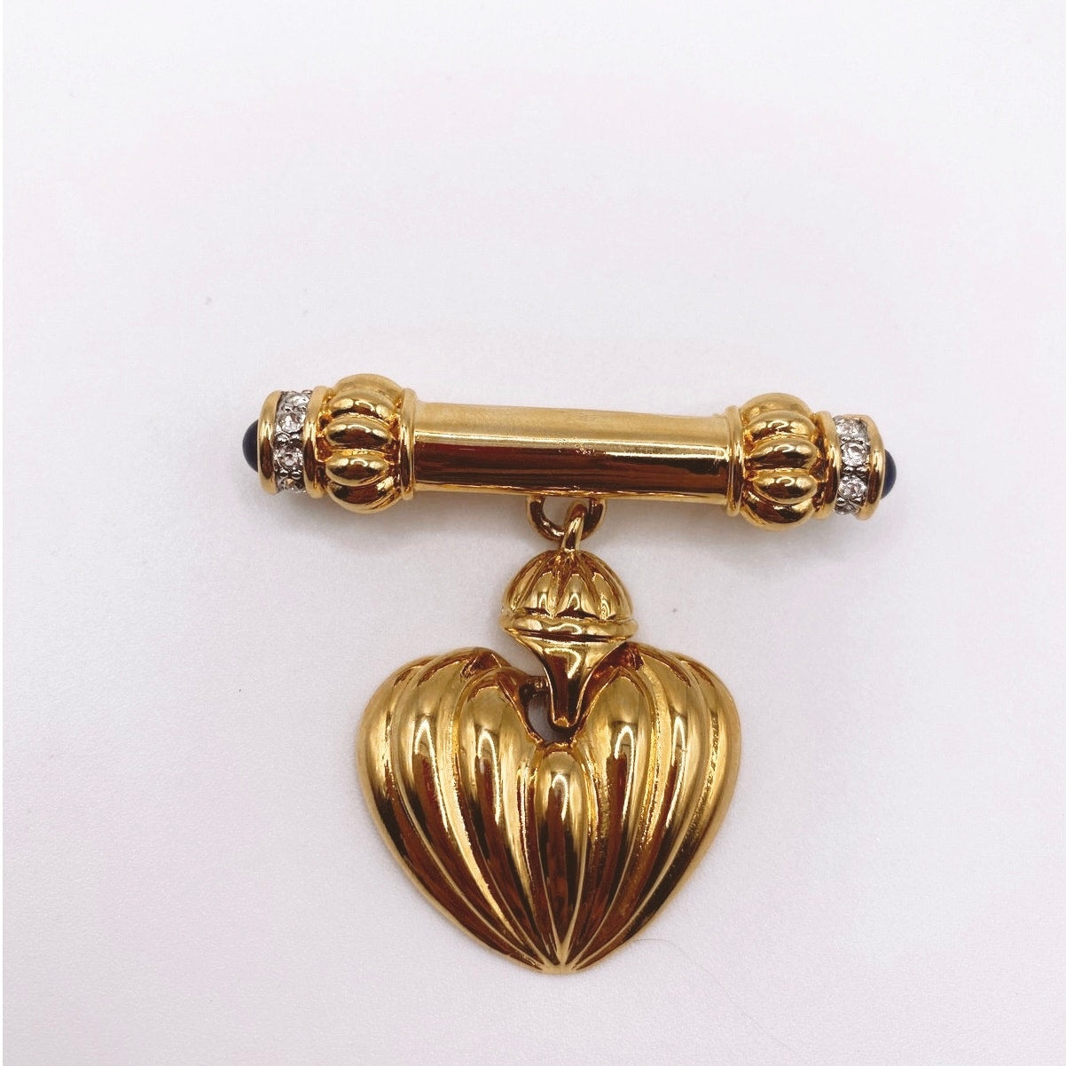 Vintage Heart Pendant Brooch Bar with Rhinestones and Blue Glass Cabochons