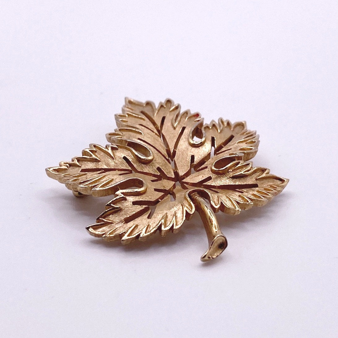 Vintage Trifari Signed Maple Leaf Brooch Gold Tone 2" long