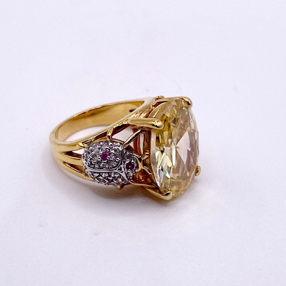 Gold Electroplated Cocktail Ring with Lab Created Rubies and large Yellow Topaz Size 7