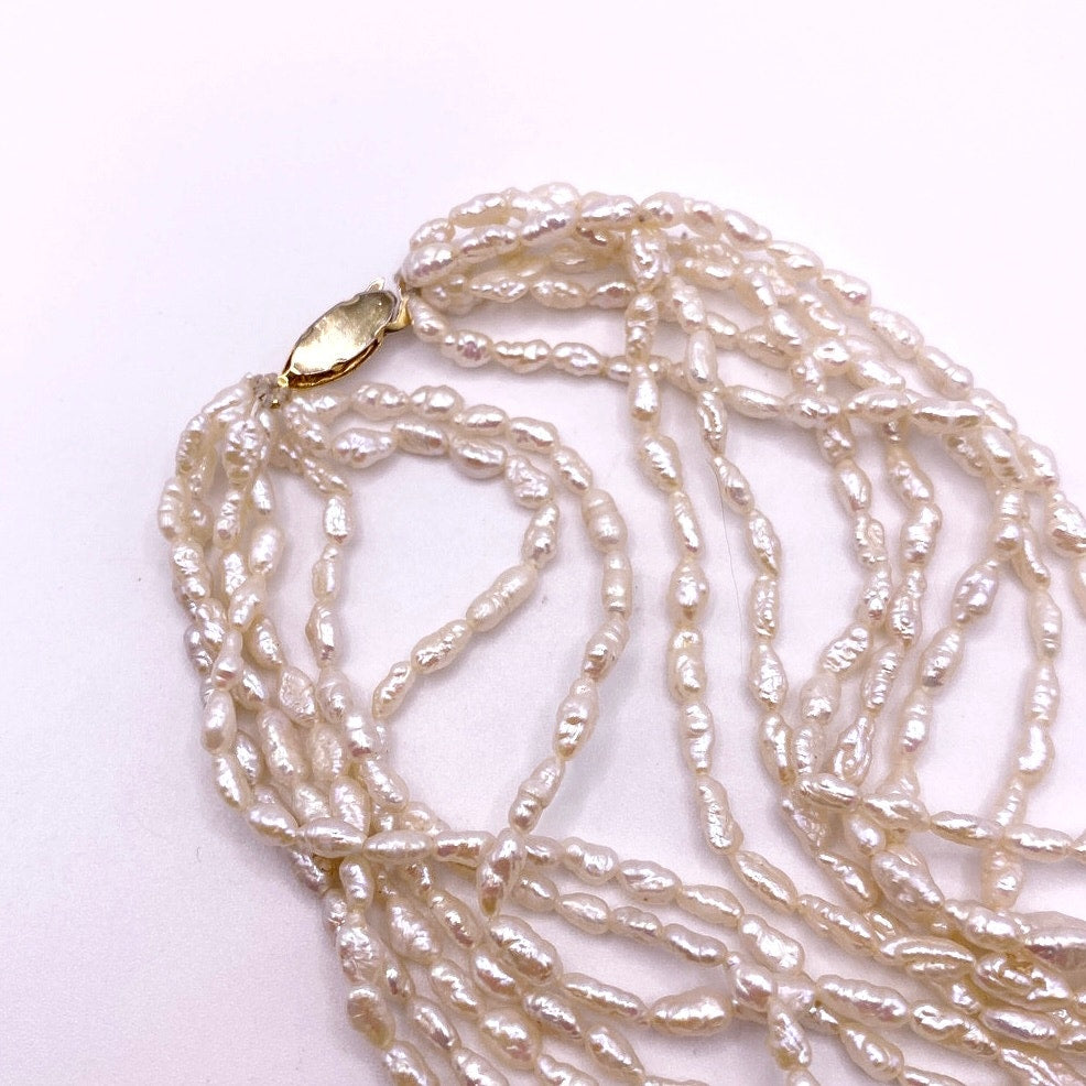 Vintage Multi Strand Rice Mother of Pearl Necklace 14" Gold Filled Clasp