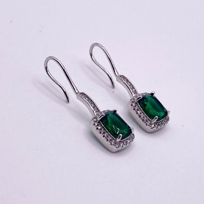 Green Crystal Sterling Silver Vintage Hook Earrings Cubic Zirconia