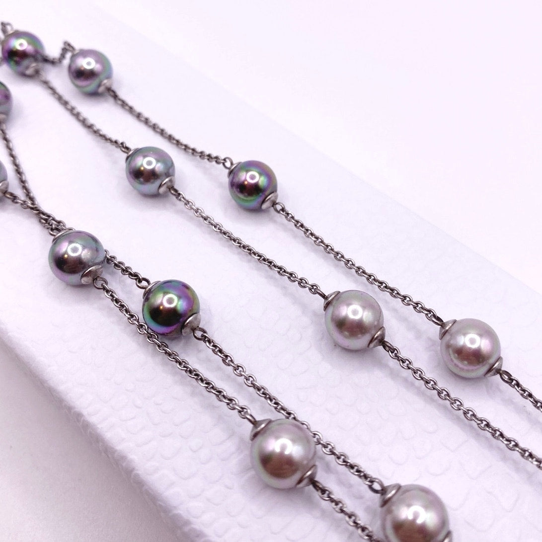 Majorica Necklace Sterling Silver-Colorful High Quality Faux Glass Pearls 34”