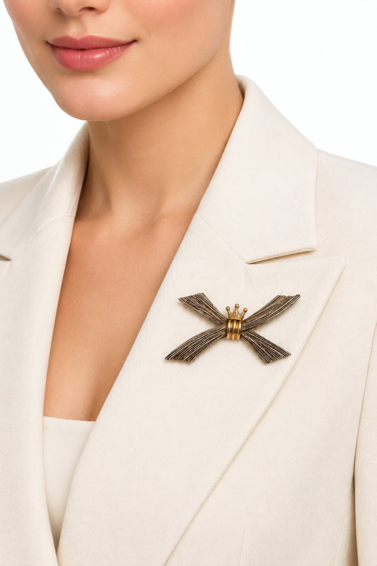 Crowned Premier Designs Bow Brooch with Gold Tone Metal Finish, Three Inch Statement Pin, Very Good Vintage Condition - alternate view