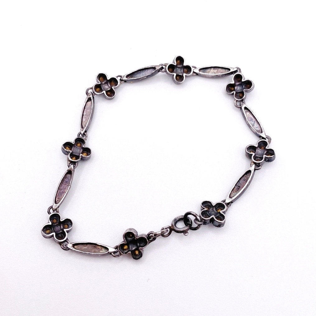 Vntg Sterling Silver With Blue Crystal and Marcasite Flowers Bracelet 7"