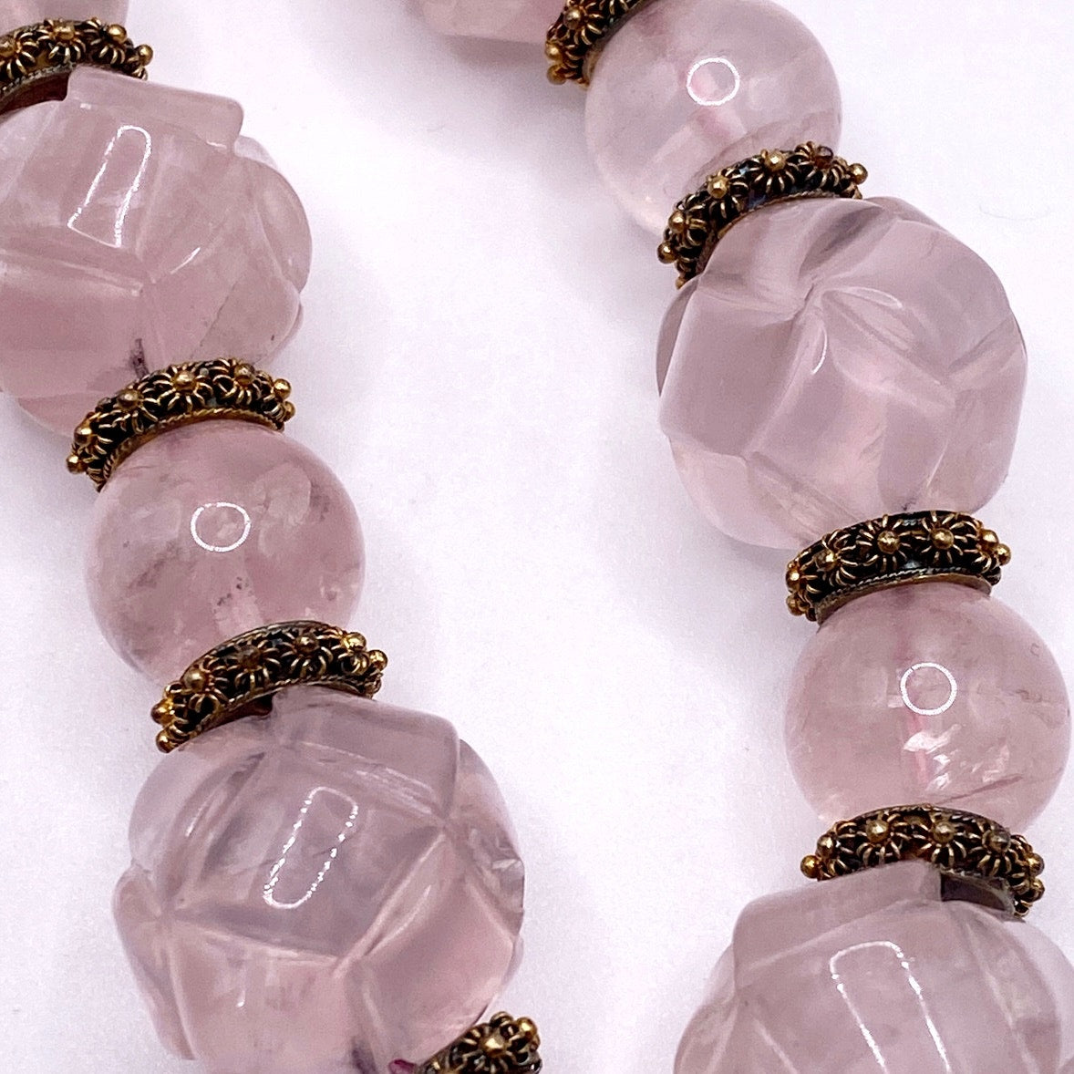 Shou Signed Carved Rose Quartz Vintage Chinese Necklace Vermeil Clasp