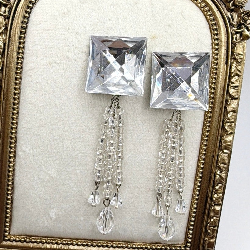 Vintage Square Crystal Rhinestones 4” Dangling Clip On Statement Earrings