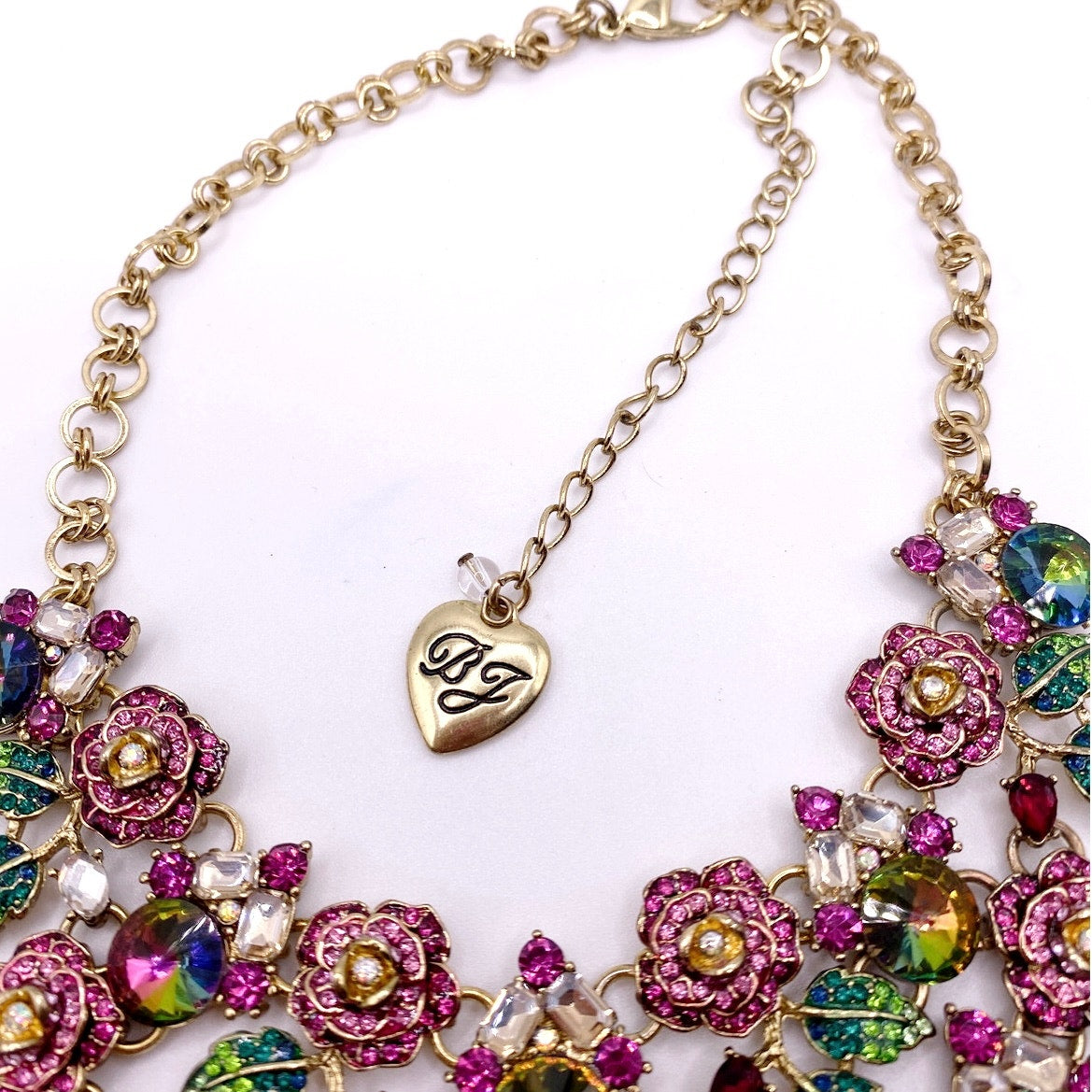Betsey Johnson Signed Watermelon Tones Floral Statement Necklace