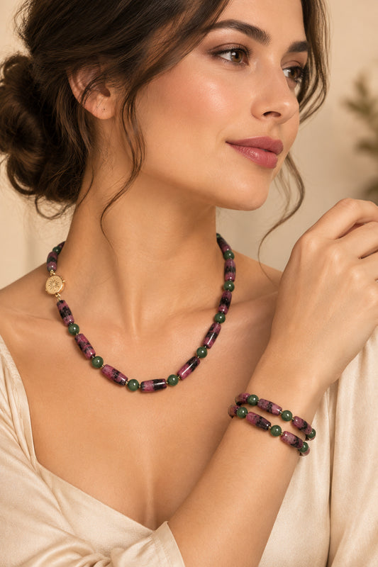 Rhodonite Stones Necklace 20” with Bracelet 7” Set, 14k Box Closure, Good Vintage Condition - alternate view