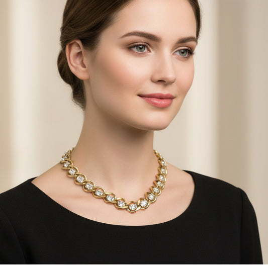 Givenchy Vintage Gold Tone and White Rhinestones Collar Necklace 16"