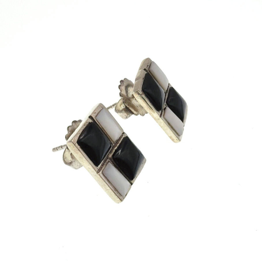Sterling Silver Onyx and Mother of Pearl Studs Earrings