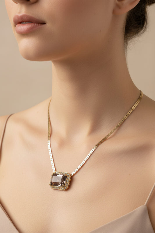 Vintage Beautiful Smoky Glass Pendant with Gold Tone Chain 16"