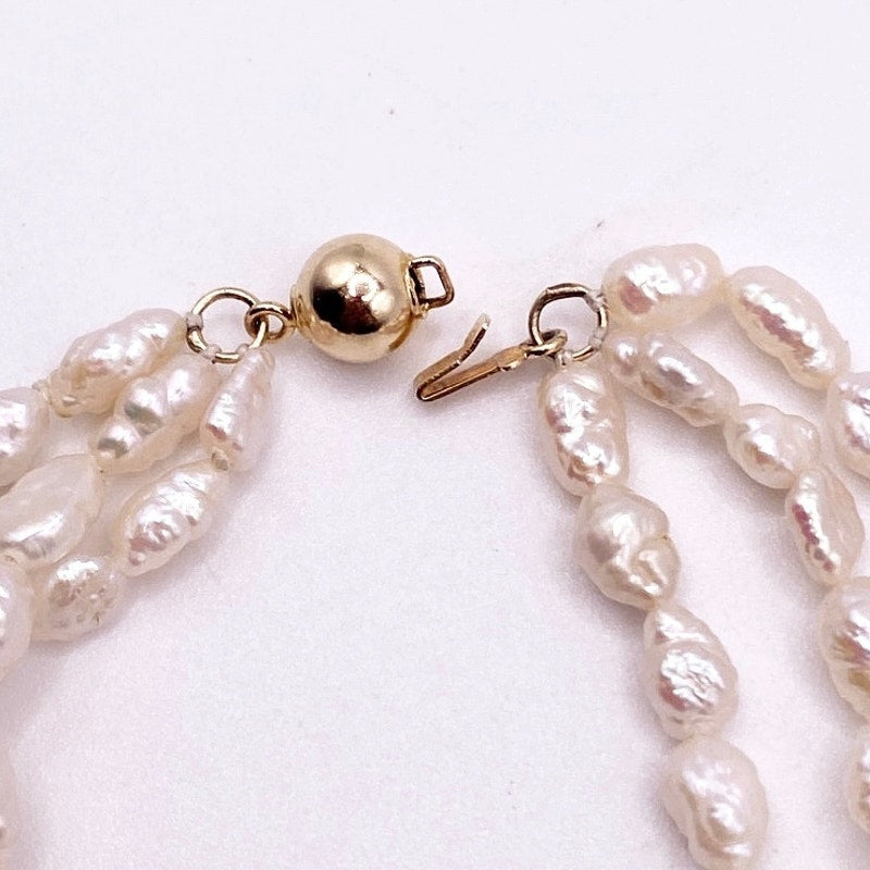 Three Strand 14k Gold Beads and Clasp Rice Mother of Pearl Onyx Necklace 16.5”