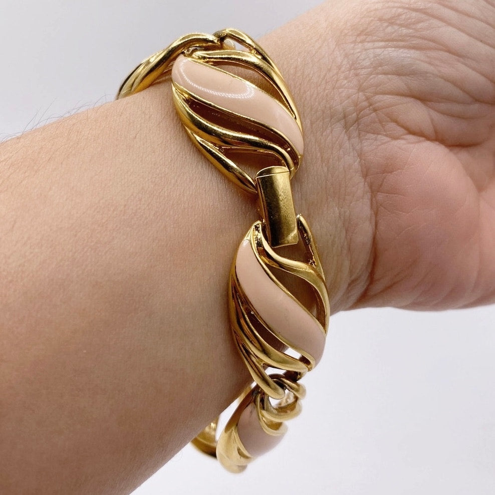 Trifari Vintage Pink and Gold Tone Enamel Bracelet 7”