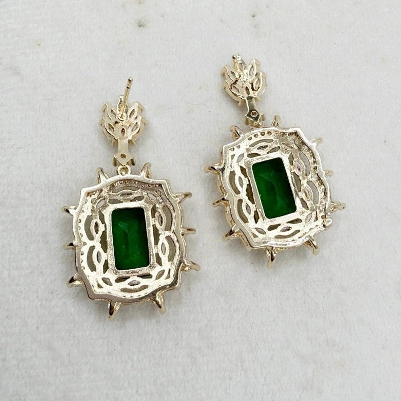 Gold Plated Cubic Zirconia Green Emerald Stone Dangling Earrings 1” Long