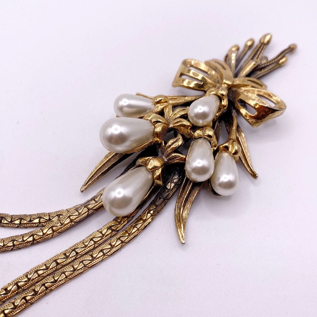 Ravana Vintage Faux Pearl Floral Bouquet Double Chain Necklace 18"