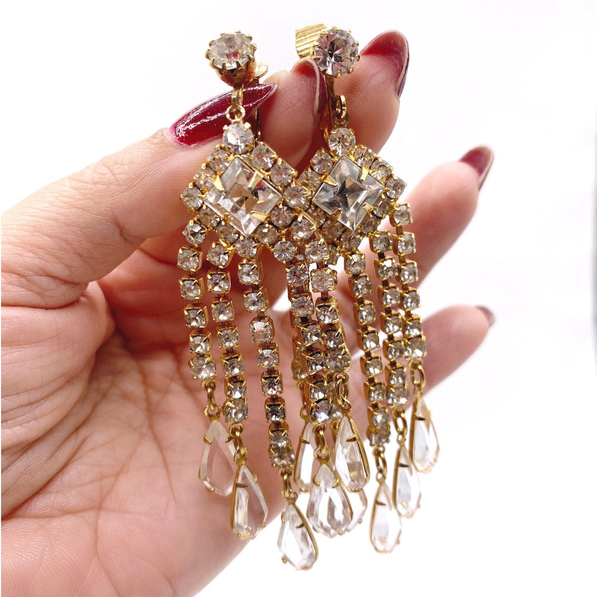 Vintage Glass and Rhinestones Chandelier Clip On Earrings 3"