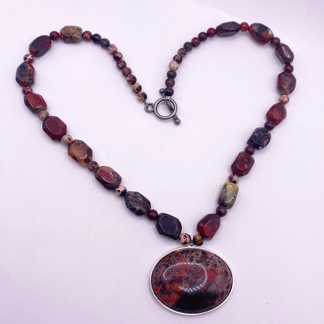 Vintage Red Agate and Jasper Beaded Necklace with Cabochon Pendant