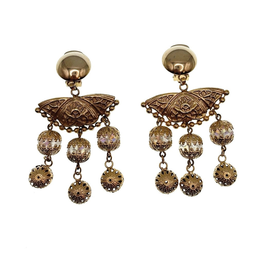 Vintage Brass Clip On Statement Butterfly Chandelier Earrings with AB Beads
