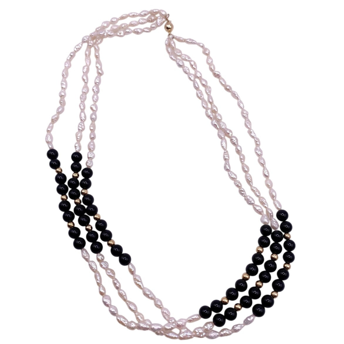 Three Strand 14k Gold Beads and Clasp Rice Mother of Pearl Onyx Necklace 16.5”