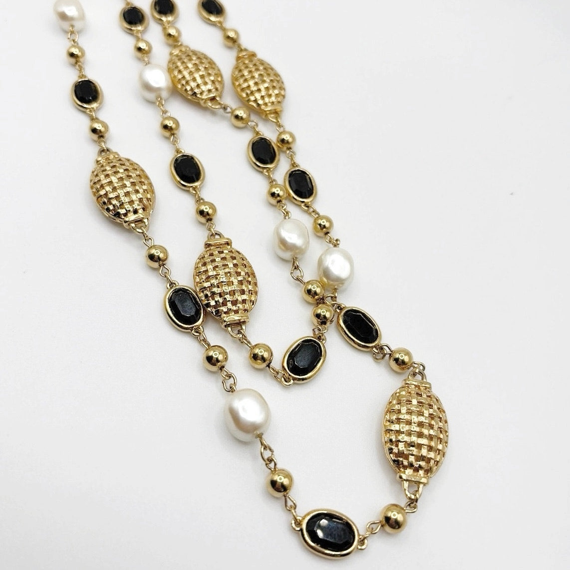 Vintage Extra Long Necklace Faux Pearl and Black Lucite 40”