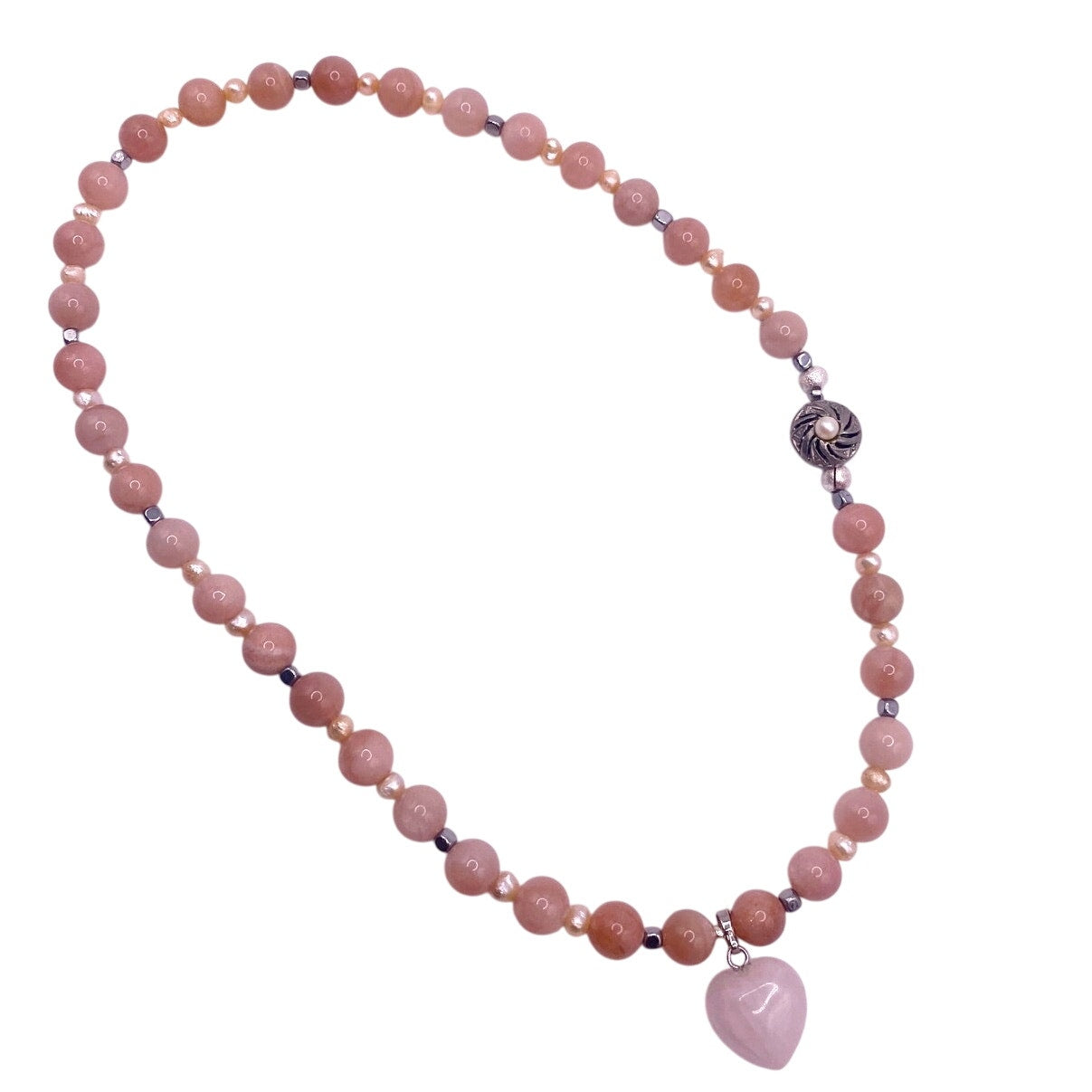Rose Quartz Heart Sunstone and freshwater Pearls, Hematite Beads Necklace 16”