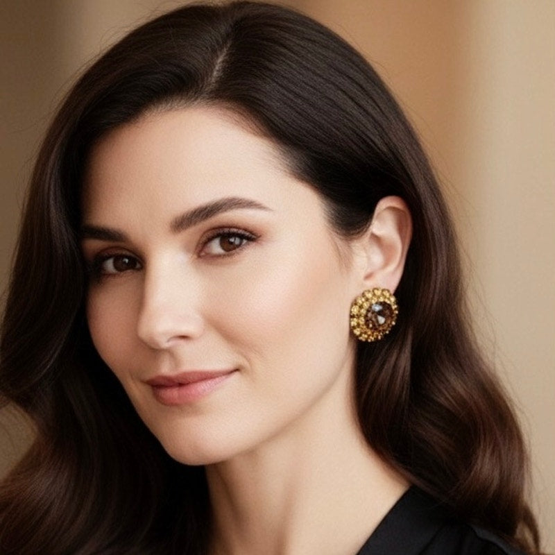 Vntg Yellow Topaz Tone Austrian Crystals Large Clip On Earrings