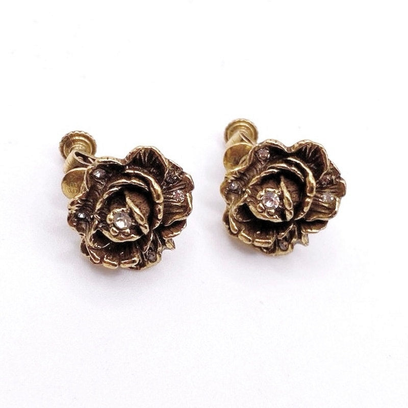 Goldette Vintage Small Gold Tone Clip on Earrings Rhinestones Rose