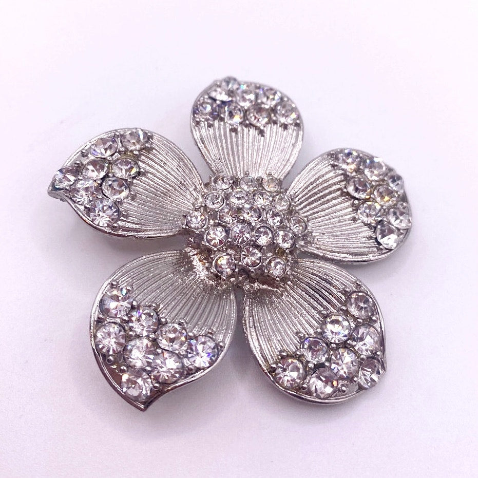 Vintage Silver Tone Brooch Flower With Rhinestones 2”