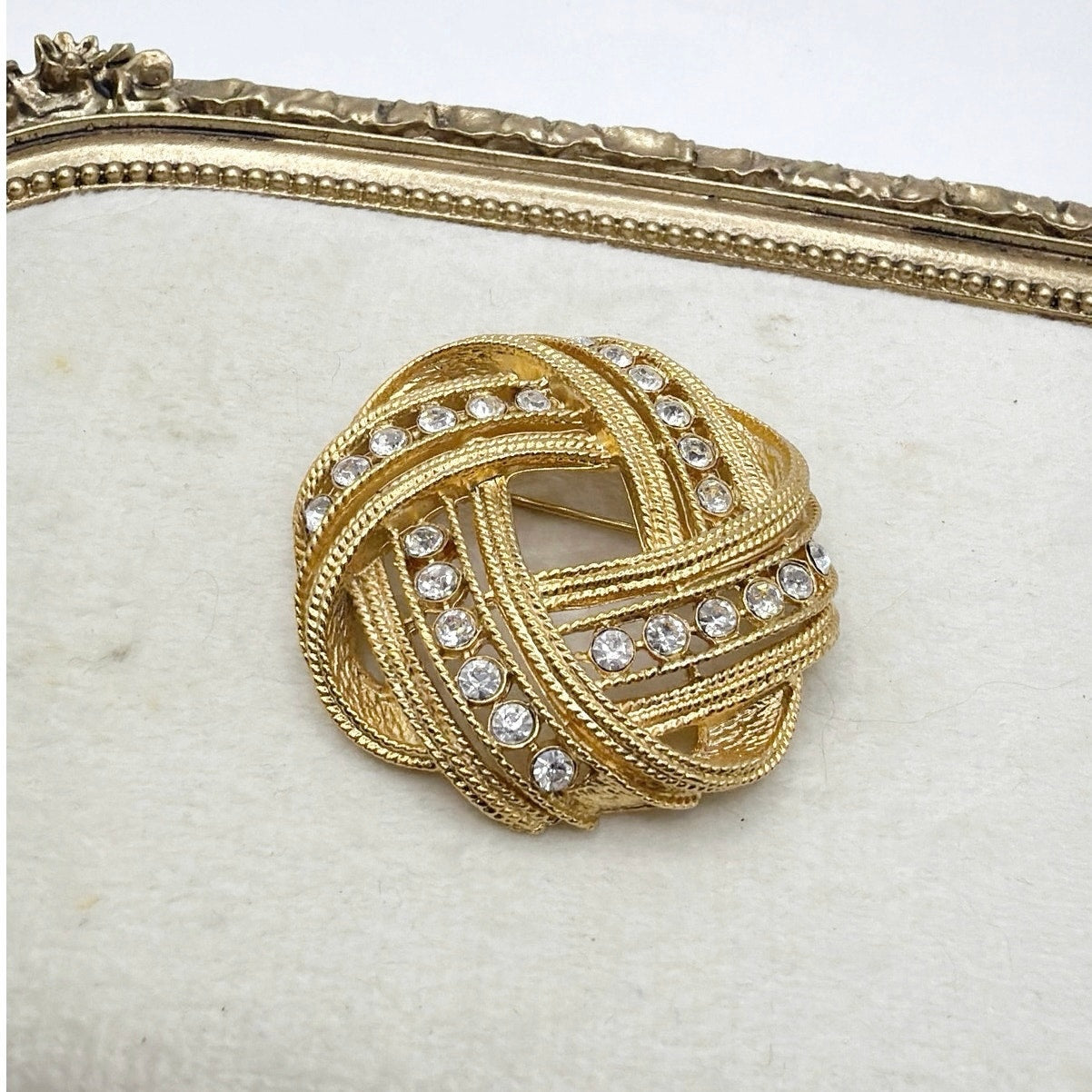 Vintage Brooch Rhinestones knot Gold Tone