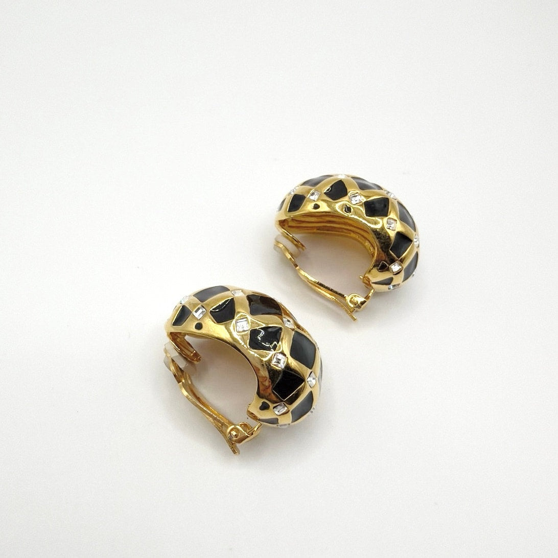 St John’s Black Enamel and Rhinestones Statement Clip On Earrings