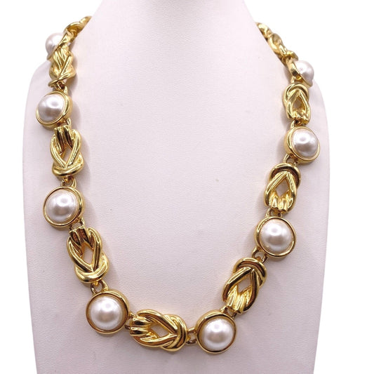 Anne Klein Vintage Faux Pearl Cabochon Gold Tone Necklace 16"