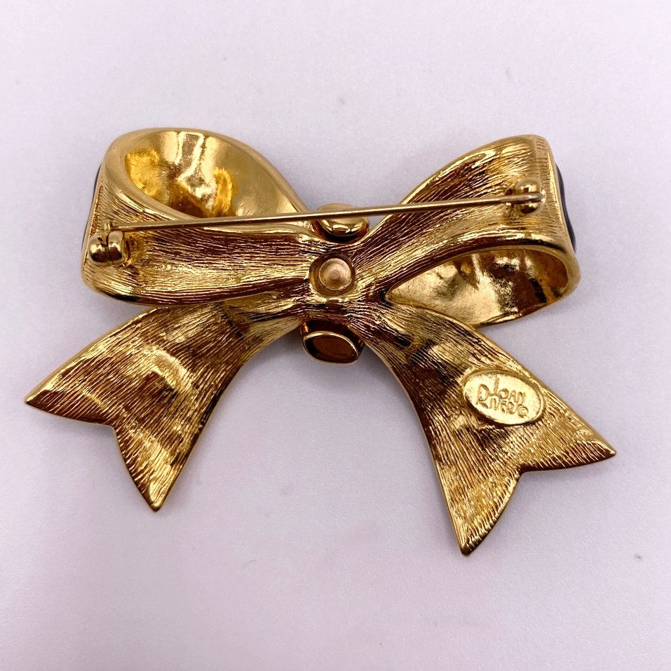 Joan Rivers Vintage Black Bow Brooch with Green Rhinestones