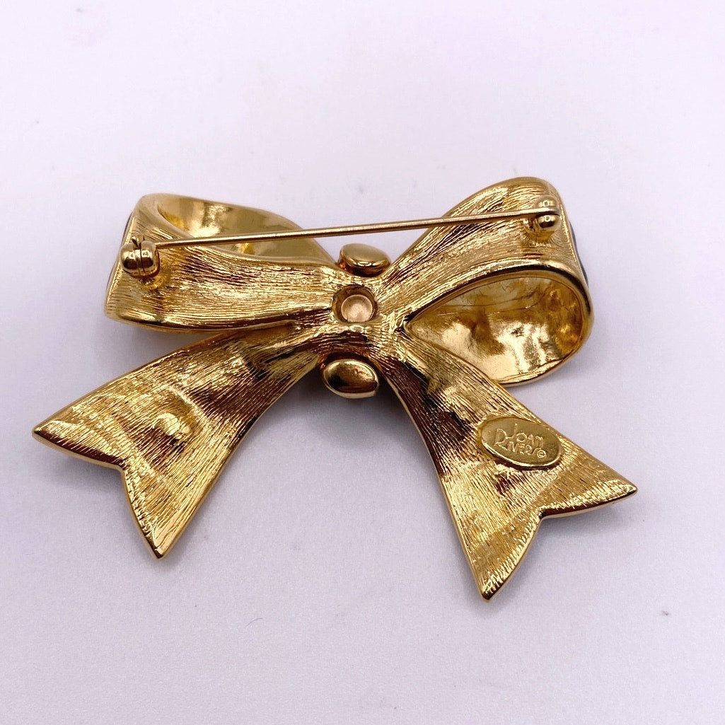 Joan Rivers Vintage Black Bow Brooch with Green Rhinestones