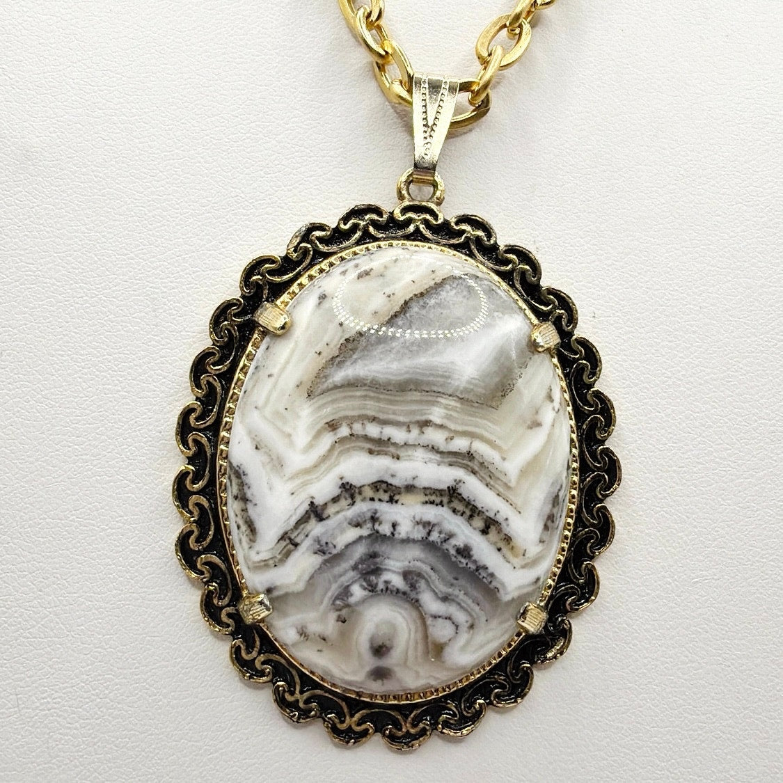 Vintage Necklace Agate Stone Pendant 24”