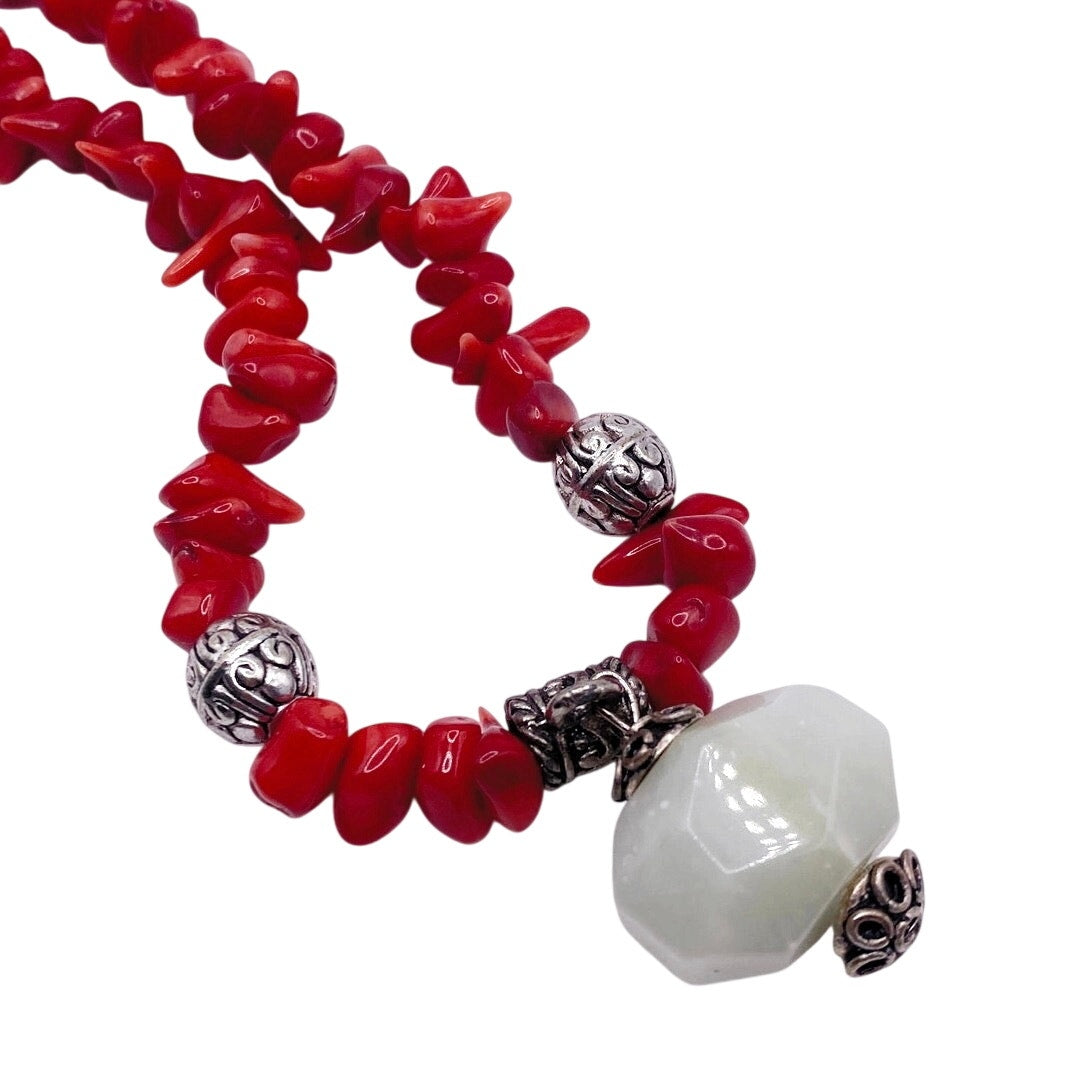 Red Coral Beaded Necklace with Green Lace Jade Pendant 16” Long